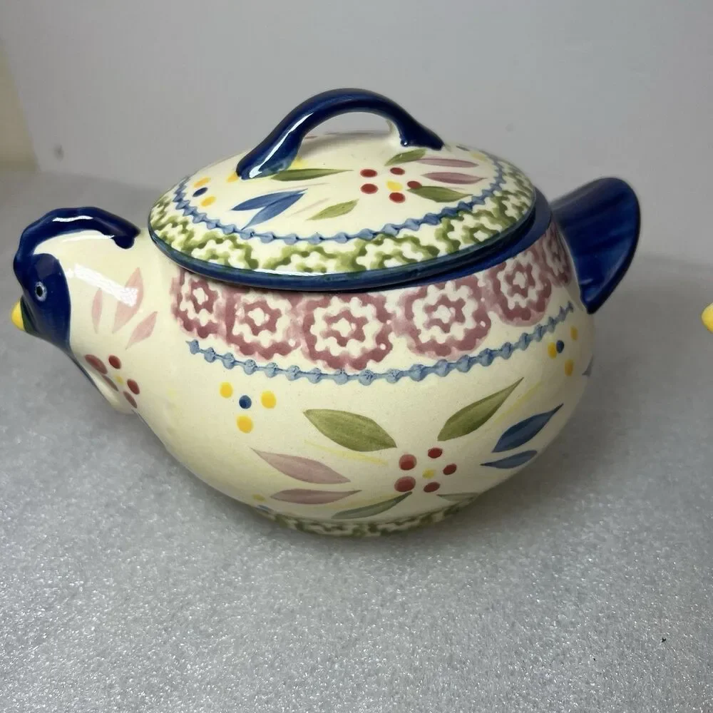 2 Temp-tations Presentable Ovenware Tara Blue Old World CHICKEN Sugar/Soup Bowl